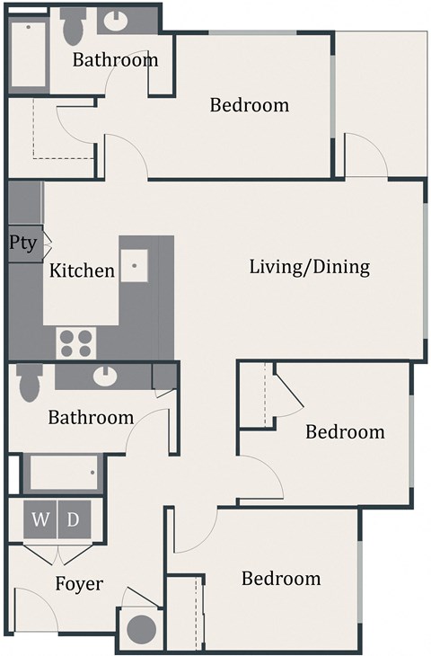 Floor plan for 3 beds, 2 baths, 1046 sqft